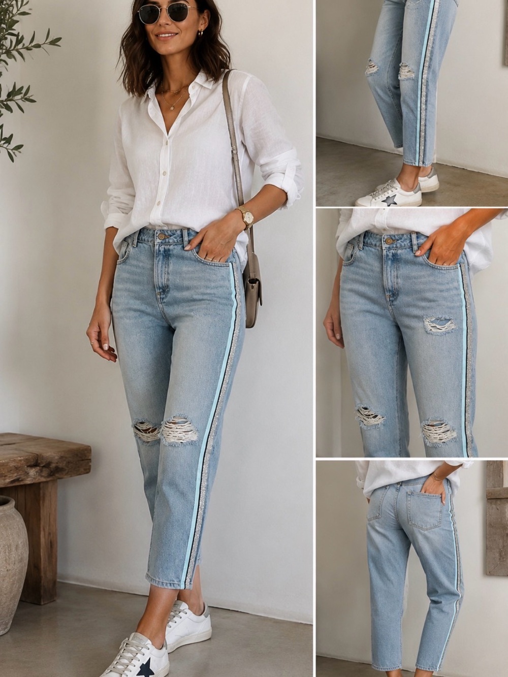 Zara light wash Distressed Ankle Jeans with Metallic Side Stripes